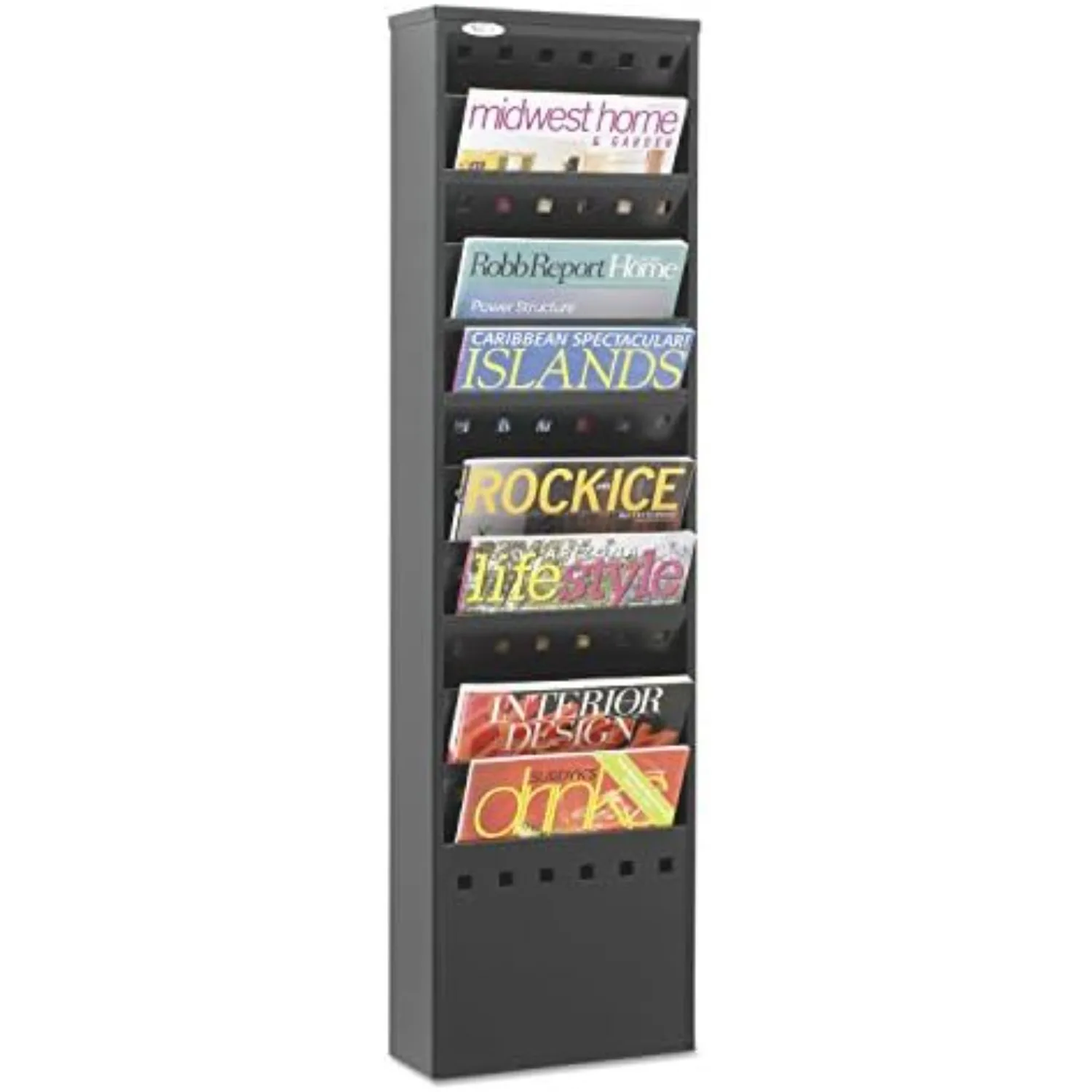 4321BL Steel Magazine Rack, 11 Pockets - Durable Wall Mounted Black Steel Construction with Optional Base - Perfect