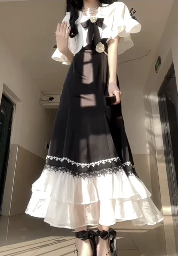 Fishtail saia com xale, branco, preto, xale