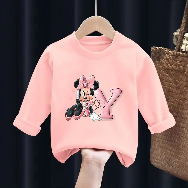 Disney Minnie Long Sleeves Anime Figure Tops Printed A-Z Letters T-shirts Round Neck Shirts Children Print Girls Fashion Clothes