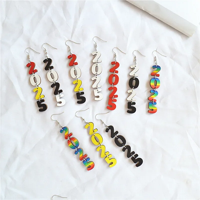 Simple Multi-color 2025 Number Dangle Earrings Fashion Long Wooden Delicate New Year Earring for Women 9 Kind