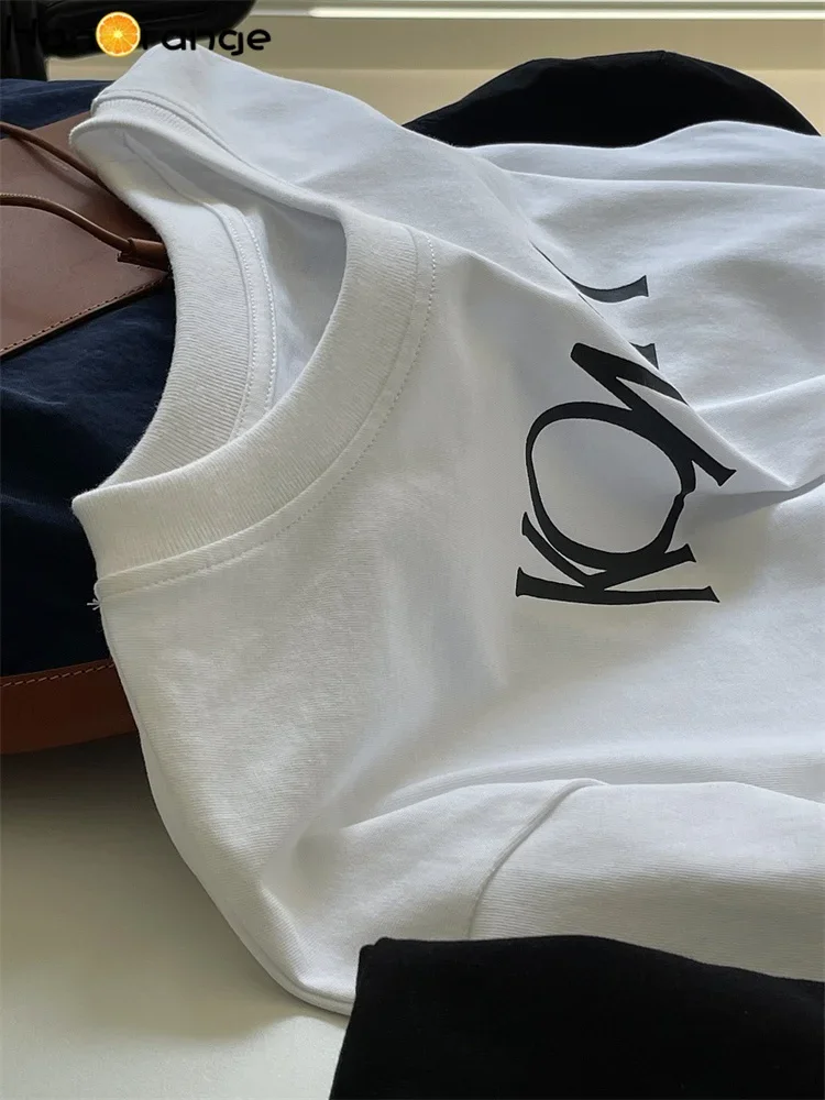 HanOrange 2026 Spring Autumn Simple Letter Printing Long Sleeve T-Shirt Women Cotton Loose Silhouette Casual Tees Top Female