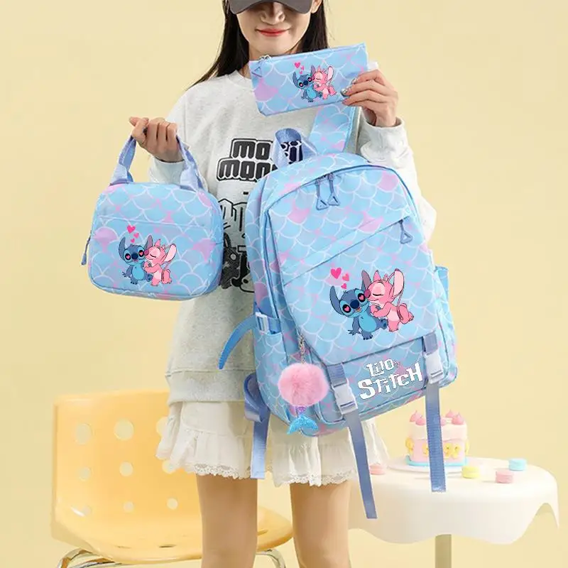 

3 шт., детский рюкзак Lilo Stitch с рыбьей чешуей и подвеской в виде русалки, школьная сумка для обеда для девочек, детская школьная сумка для девочек-подростков