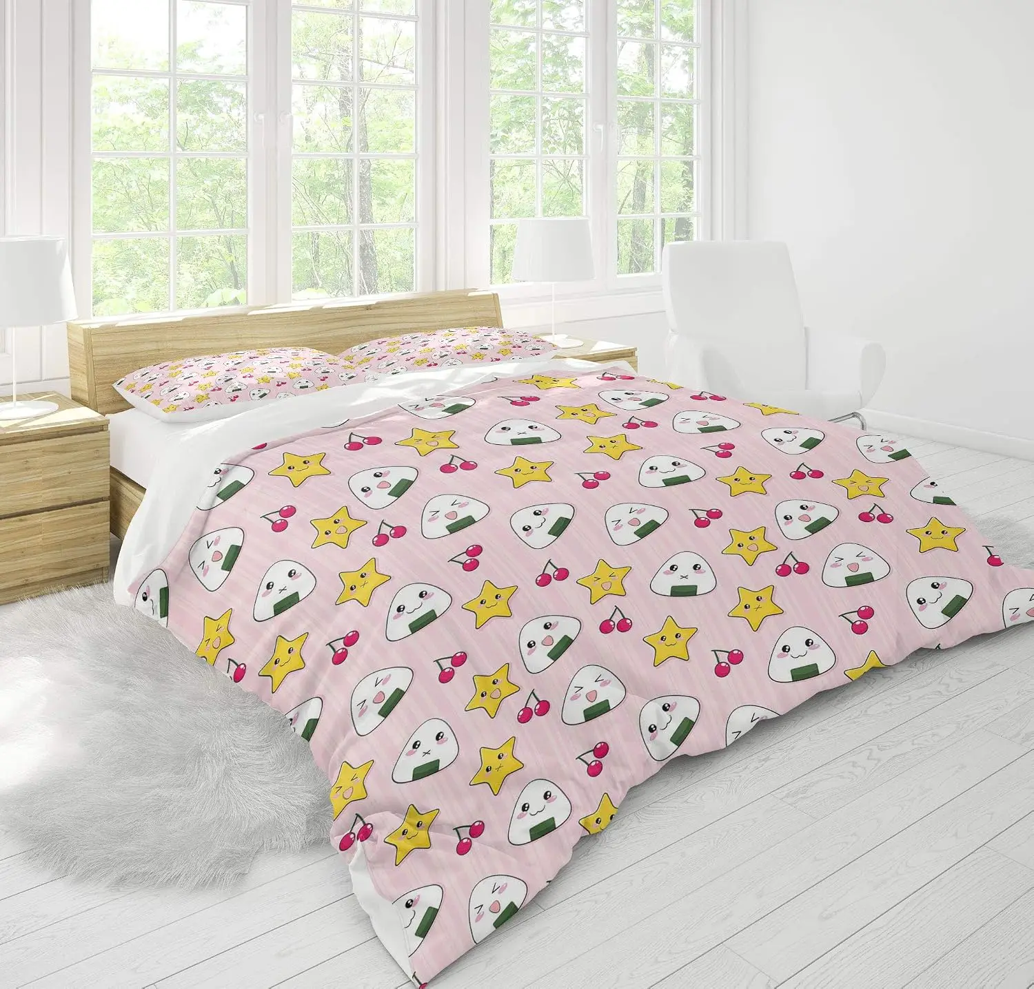 Cute Japanese Food Bedding Set Kawaii Rice Ball Duvet Cover with 2 Pillow Shams Anime Room Decor 3-Piece Single Twin