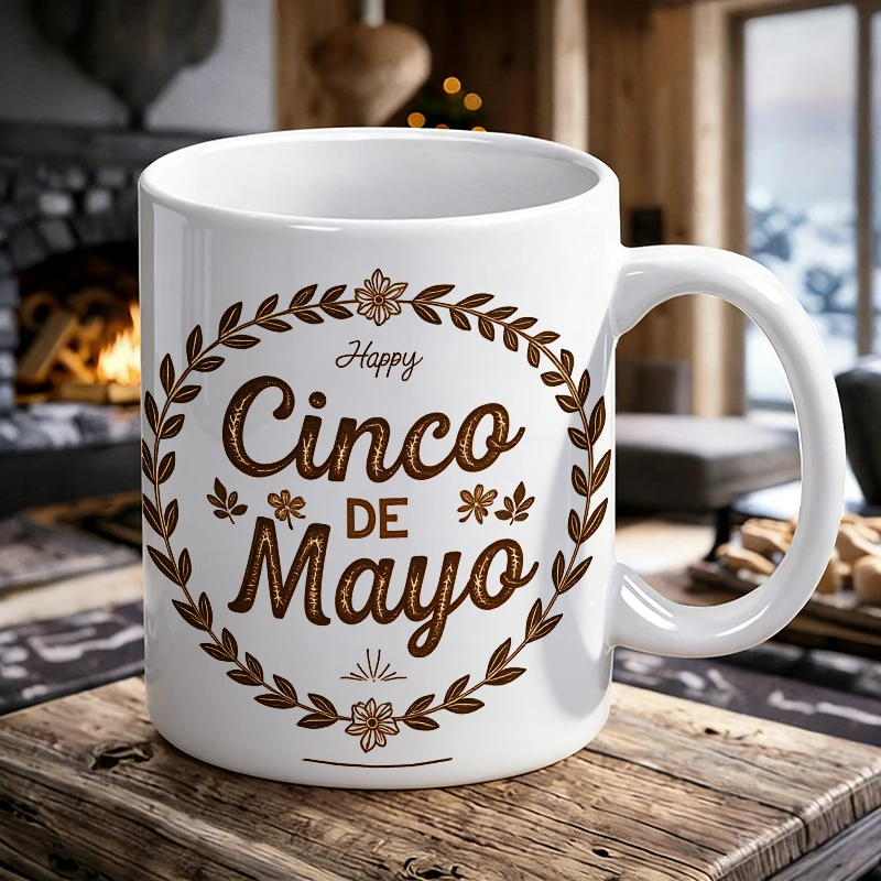 

Happy Cinco de Mayo Wreath Ceramic Mug, Vintage Floral Coffee Cup, Milk Cup, Office Cup, Gift for Friends, Fade-Resistant