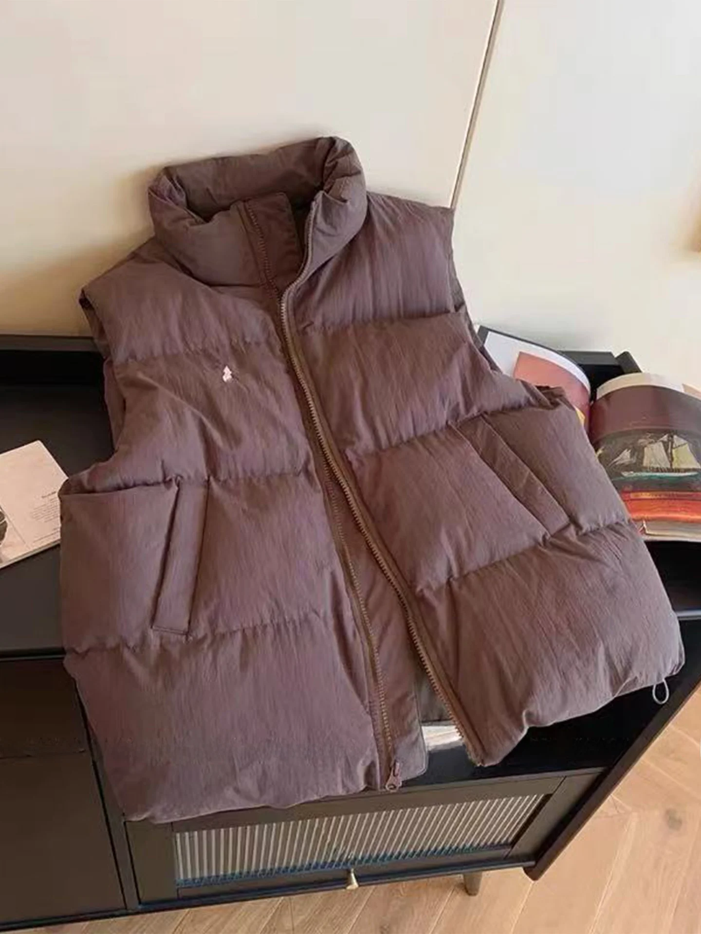 

Ele зимний женский коричневый хлопковый жилет с вышивкой и воротником-стойкой, универсальная верхняя одежда для похудения, обычная посадка