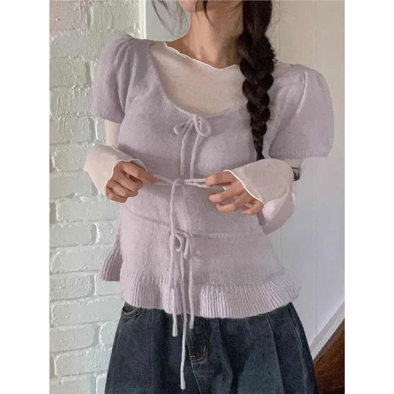 بلوزة أنيقة محبوكة ناعمة ort Sve مع ربطة عنق للنساء Sli متعددة الاستخدامات من العمر-Defng irt ماركة صينية لخريف 2025