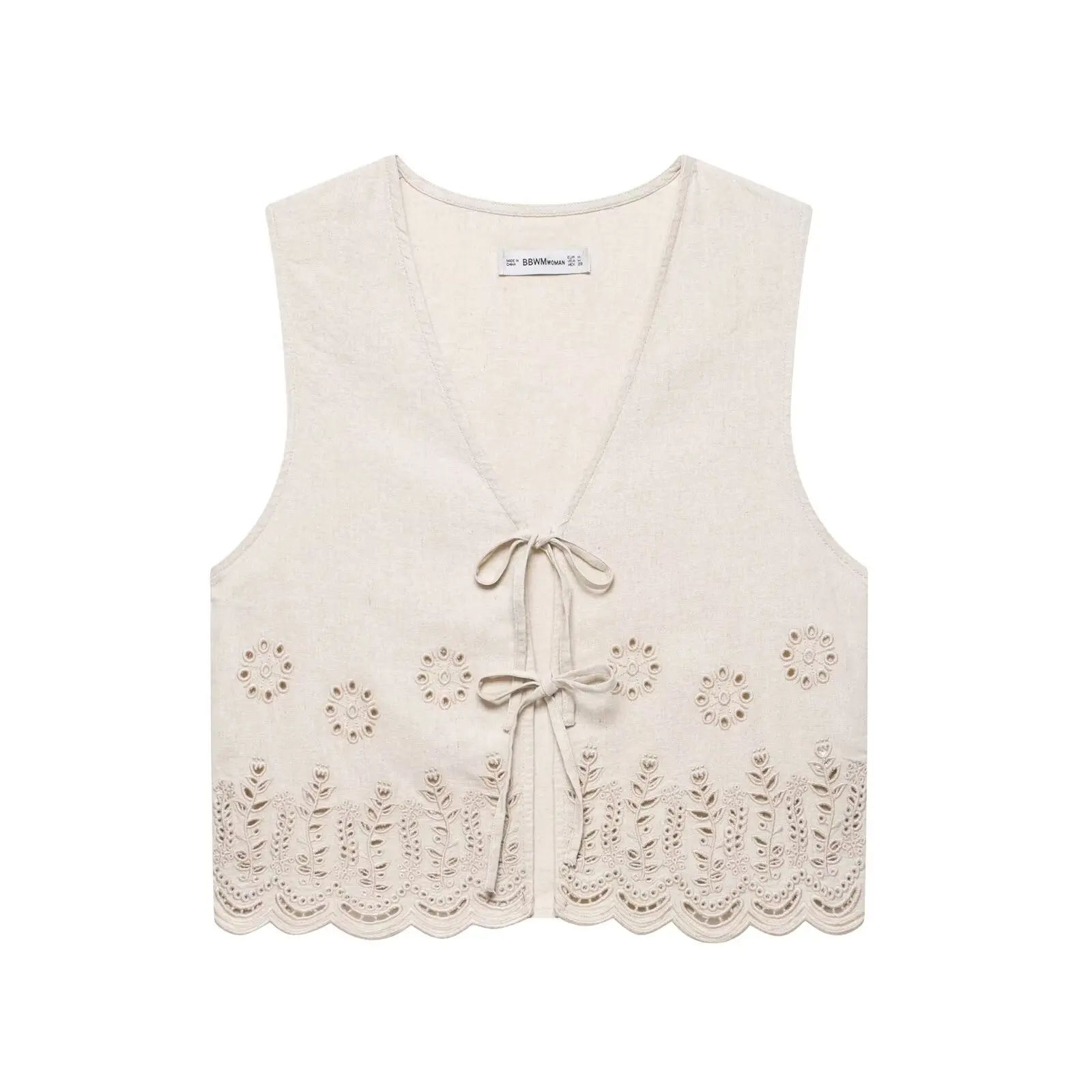 NINE ZAR – gilet brodé en lin mixte ajouré pour femme, haut ceinturé, 638044, pour les déplacements, Sle V-Ne, longueur régulière, détail de ceinture