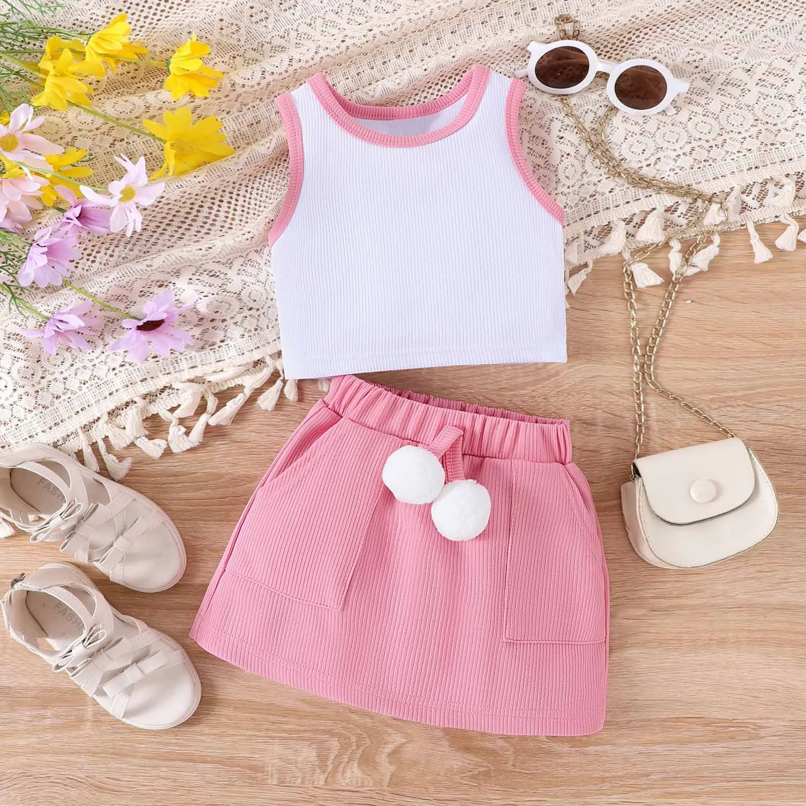 Girls' Sleeveless Vest Pendant Skirts Sets Summer Clothes Sets Toddler Solid Color Skirt Two Piece Set Baby Clothes 3-36 Months