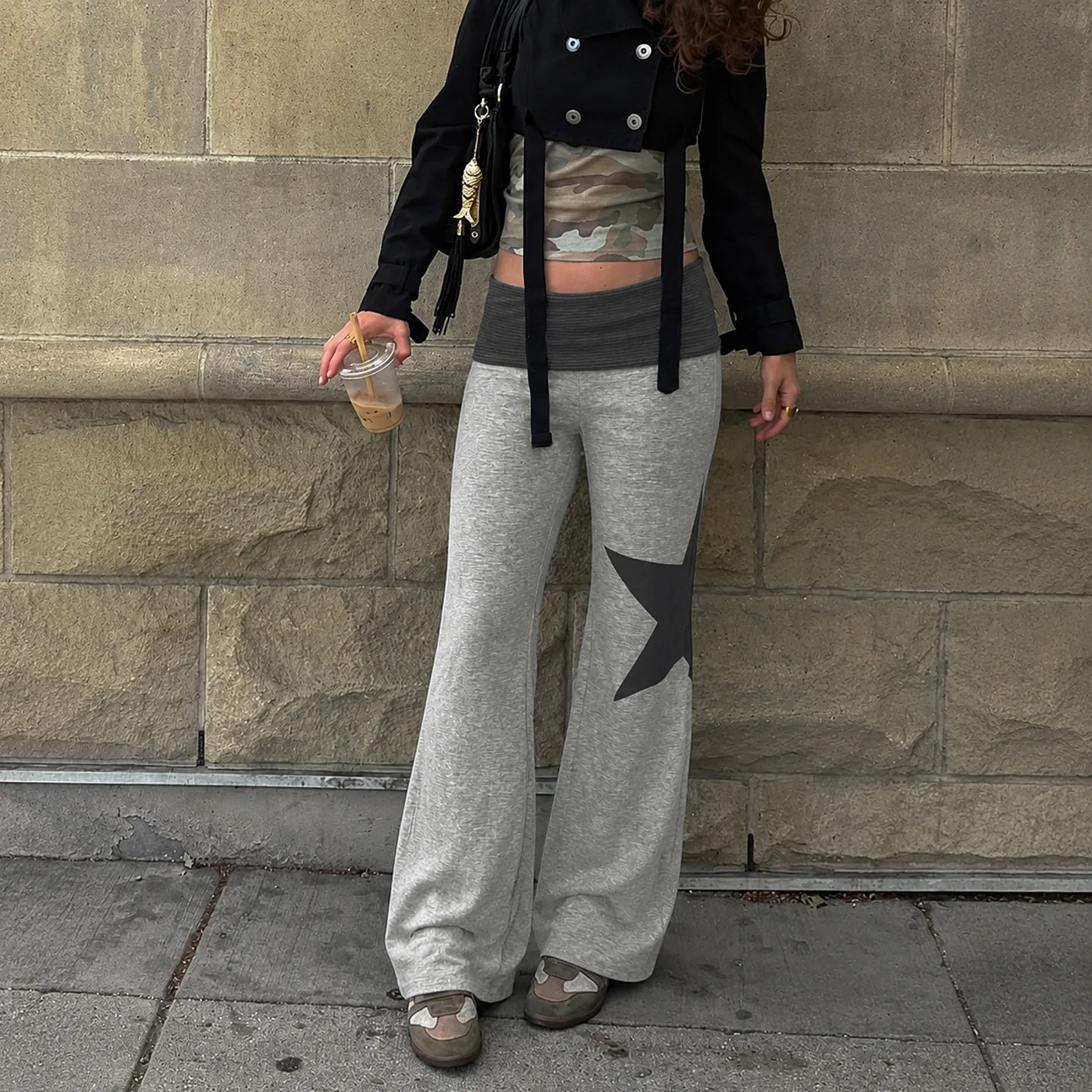 American street style casual pants five-pointed star print contrasting color striped waist-flipping pants trendy pants women Y2K