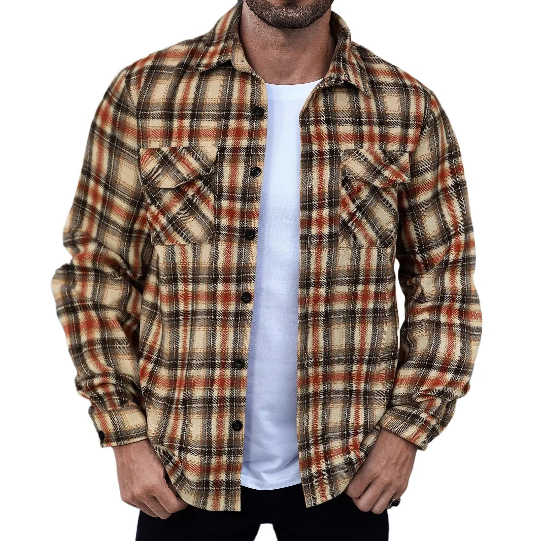 Mens Spring Summer Fashion 100 Polyester Checkered Shirt Long Sleeve Jacket Double Pocket Top Casual Outerwear clothes for man