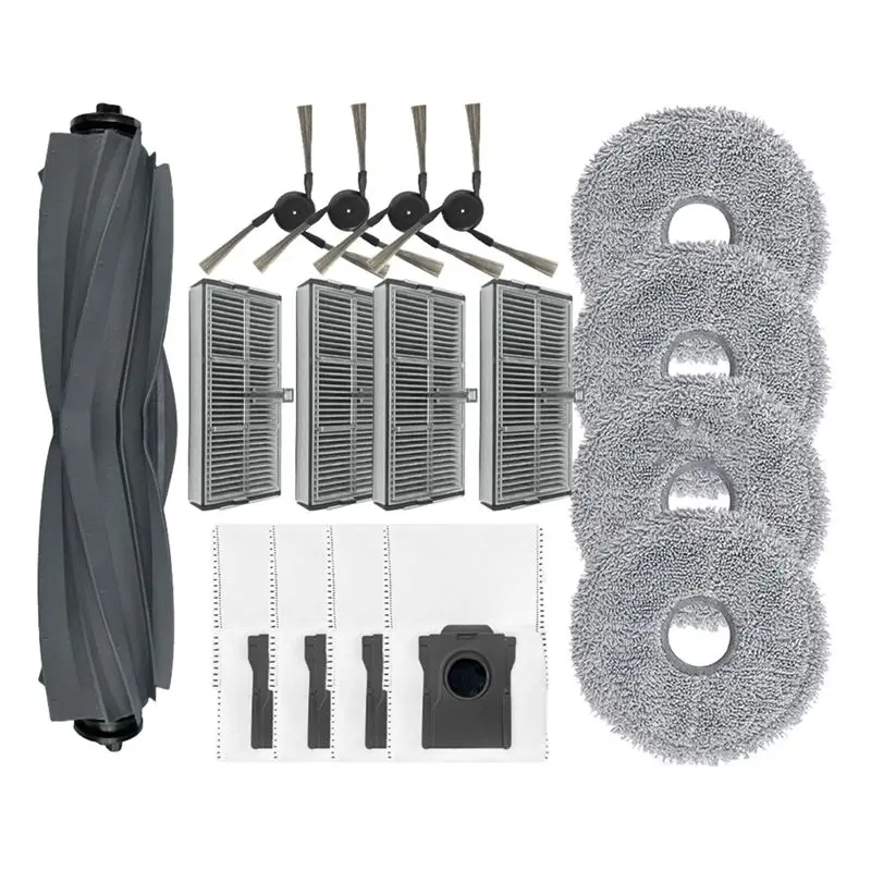 

Запасные части и аксессуары ABBY для Dreame Mova E30 Ultra: основная и боковые щетки, HEPA-фильтр, салфетка для влажной уборки, мешок для сбора пыли.