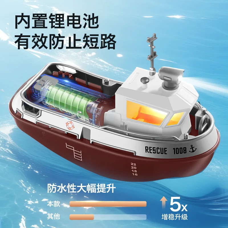 1/32 Rc Boat With Lights Powerful Dual Motor 2.4g Long Range Wireless Remote Controlled Tugboat Model Toy For Boy Girl Gifts