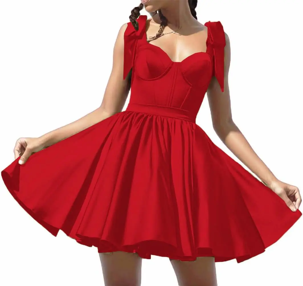 

2025 Youth Satin Back To School Dress, Italian Strap Sweetheart Short HOCO Bow Dress, Birthday Party Cocktail Ball Evening Dress