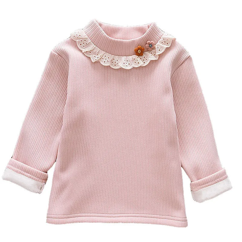 تي شيرت شتوي للأطفال - بلوزة نصف رقبة مبطنة بالصوف مع حواف من الدانتيل، طبقة قاعدة من قماش الجاكار الحراري للأطفال الصغار #5