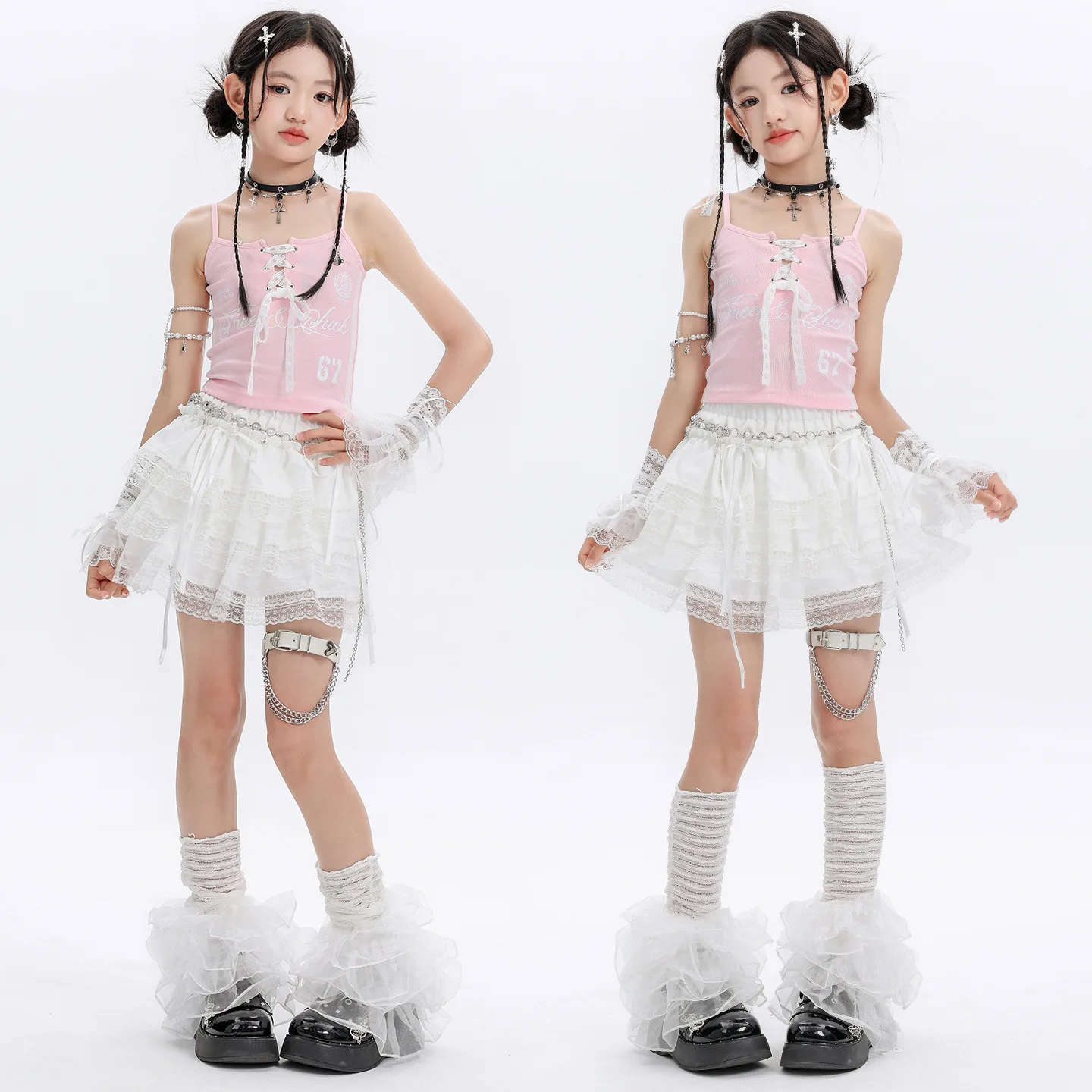 Girls K-pop Strap Crop Tops Pleated Lace Skirts Child Streetwear Girl Group Costume Kids Hip Hop Jazz Street Dance Clothes Set