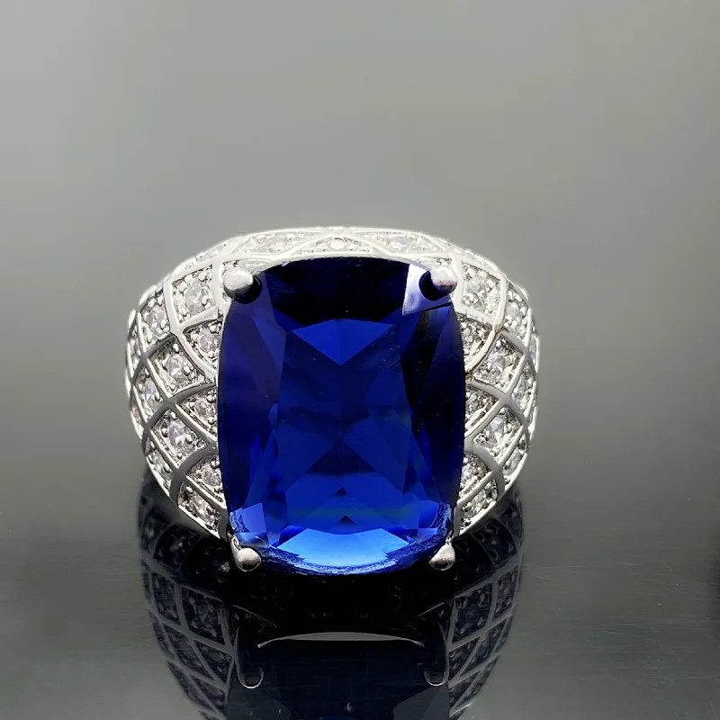 

men's open fat rectangular sapphire rings for women full of diamond inlaid with zircon simulation dark blue tanzanite stone ring