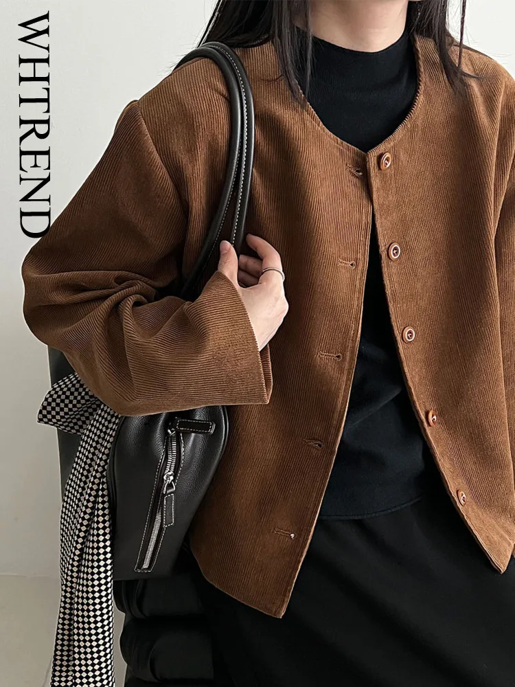 

WHTREND Short Round Neck Jacket For Women, New Corduroy Casual Jacket Autumn Winter Fashion WH1913