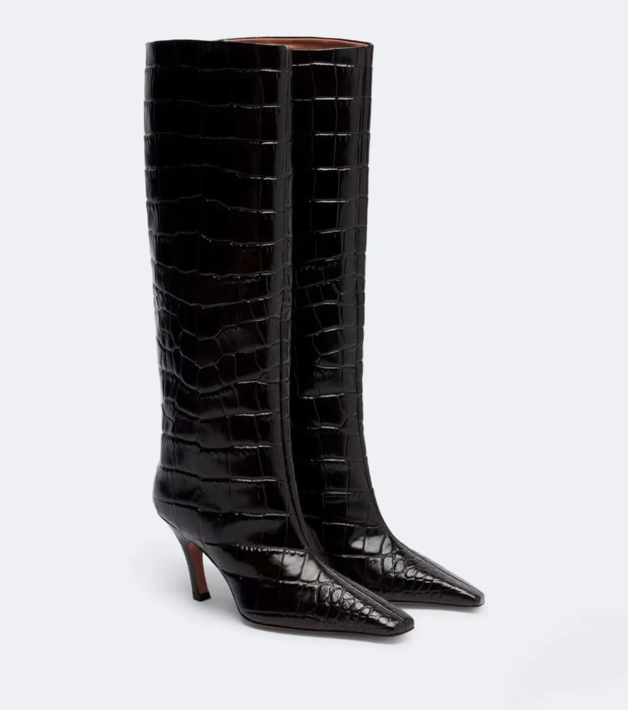 New Autumn/Winter Women Black Patent Leather Crocodile Pattern Knee-High Boots Stiletto Square Toe Elegant City Walk Long Boots
