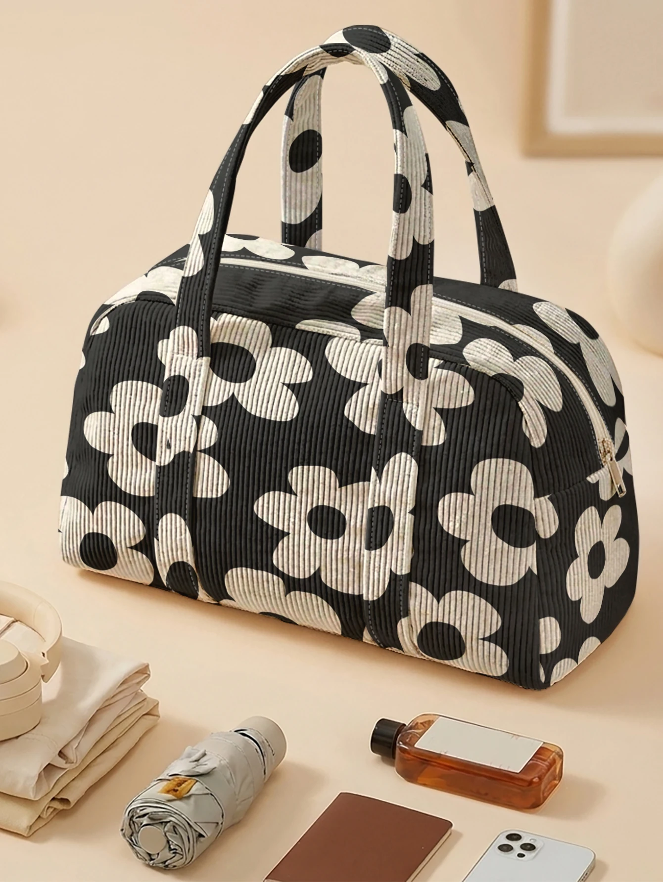 Black White Flower Print Corduroy Handbag Large Capacity Zipper Tote Bag Portable For Shopping Travel Daily Storage Use