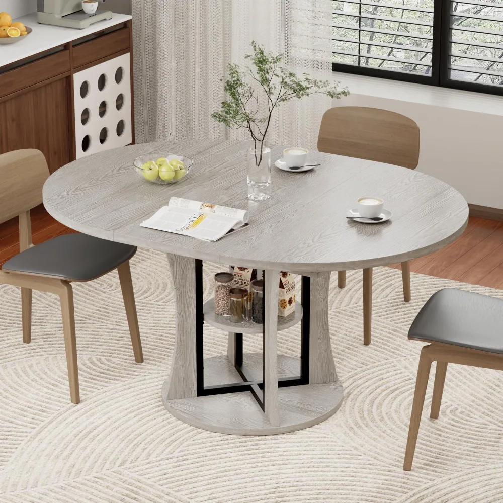 43.3''-59'' Extendable Round Dining Table for 4-8, Expandable Kitchen Table with Storage Shelf, Space Saving Circle
