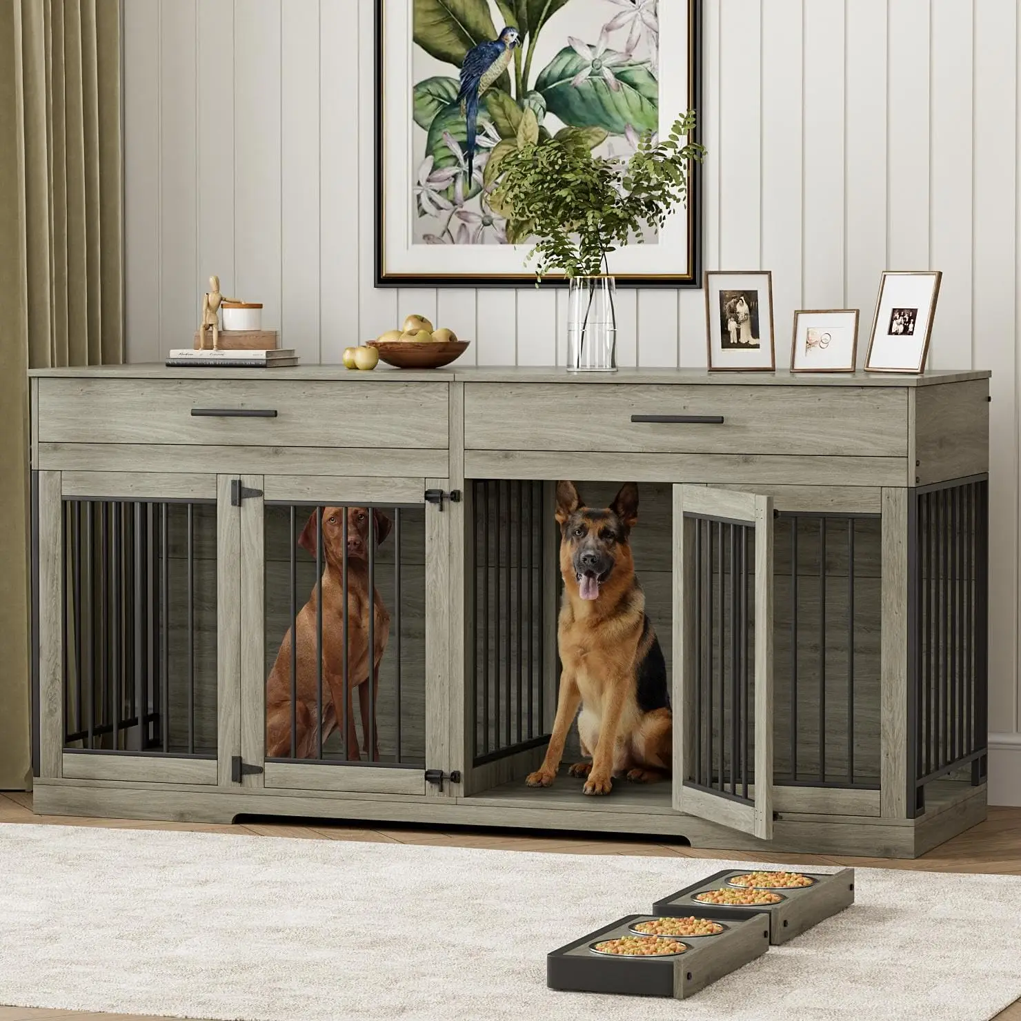 

72" Double Dog Kennel Furniture with Storage Drawers, Removable Divider & 4 Bowls - Grey Indoor Pet Crate