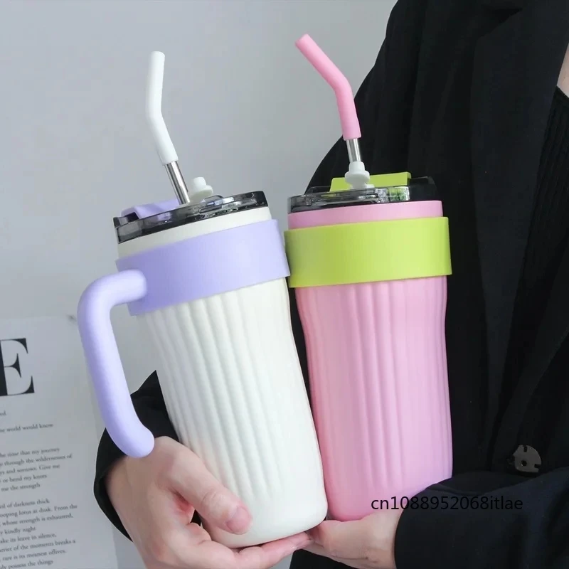 860ML Large Capacity Coffee Cup Stainless Steel Vacuum Flask With Straw Travel Sports Thermal Water Bottle Car Thermal Cup