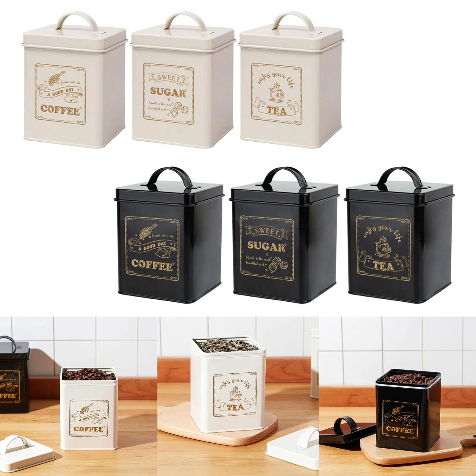 3 Pieces Decorative Kitchen Canisters with Lids 1.5L Square Box Vintage Canisters Tea Sugar Coffee Container for Cafe Livingroom