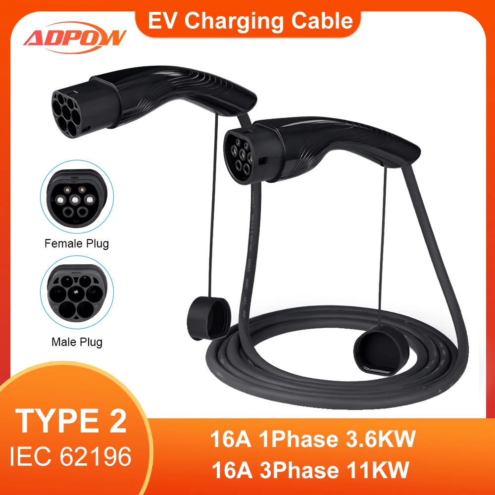 ADPOW 16A EV Charging Extension Cable 1/3P 3.6/11kW 5M Type 2 Female to Male Plug EVSE Charging Station Electric Car Accessories