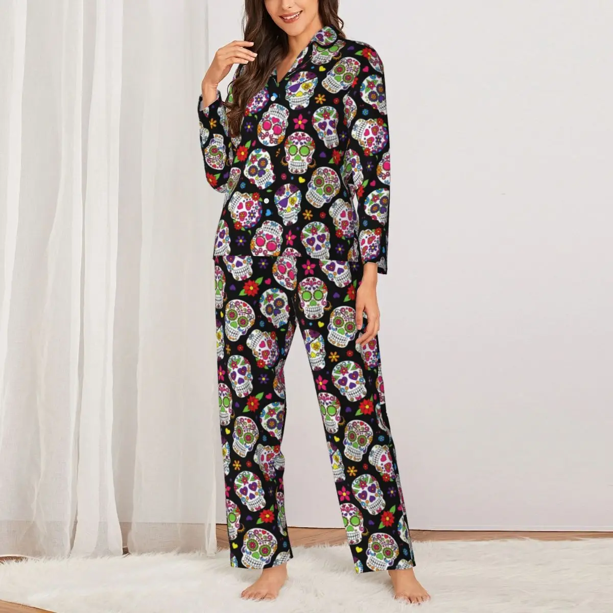 Trendy Floral Skull Pajamas Set Autumn Colorful Sugar Skulls Cute Room Sleepwear Women 2 Piece Casual Loose Oversized Nightwear