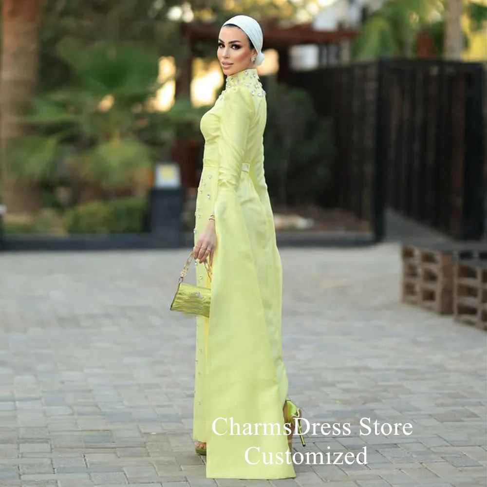 Yellow Evening Dress Customized High Neck Long Sleeves Crystal Stone Straight Saudi Arabian Woman Prom Gown for Special Occasion