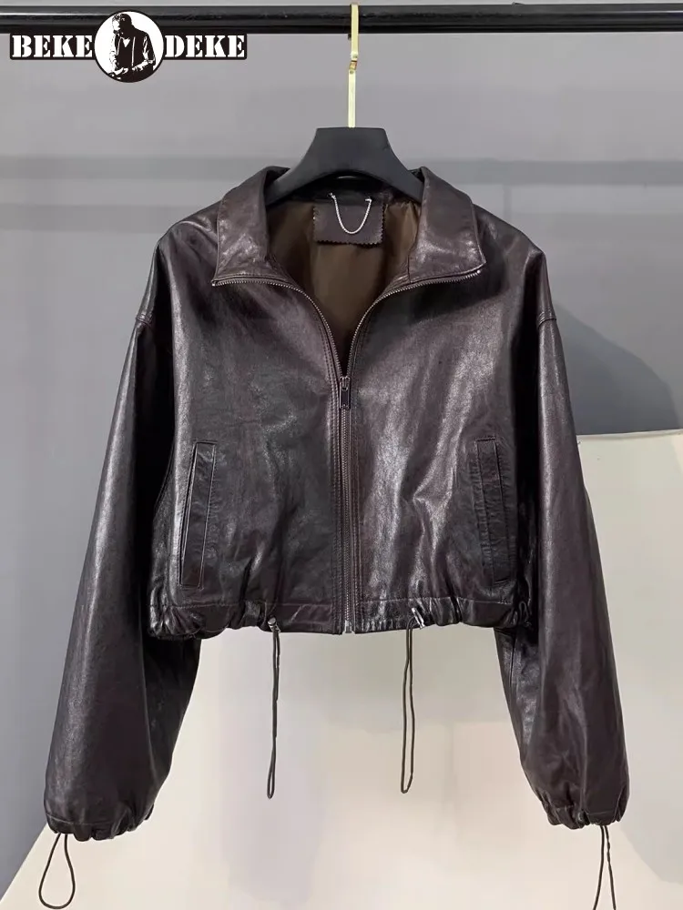 Streetwear Casual Women Genuine Leather Jacket Drawstring Loose Fit Vintage Sheepskin Short Coat Zip Long Sleeve Casual Outwear