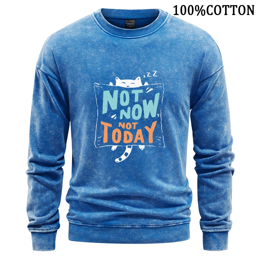 Not Now Not Today Letter Cat Men Sweatshirt Vintage Washed Hoodie High Quality Cotton Hoodies Flexible Sweatshirts Autumn Tops