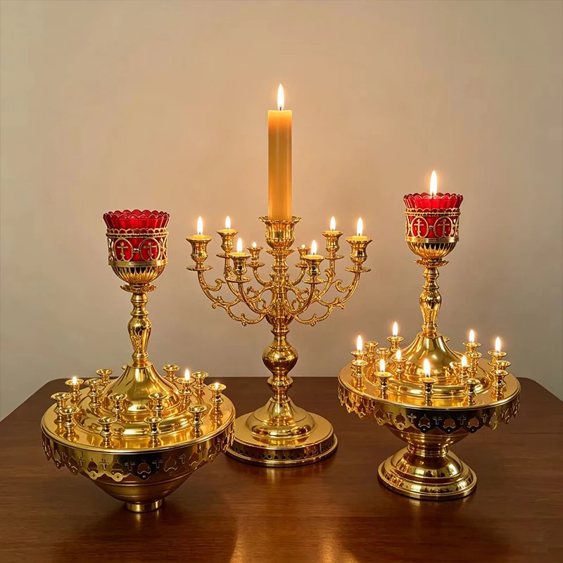 New 2026 Gold Plated Church Candelabra with Red Glass Cups & Cross Cutouts for Orthodox Catholic Altar Liturgy Prayer Decor Gift