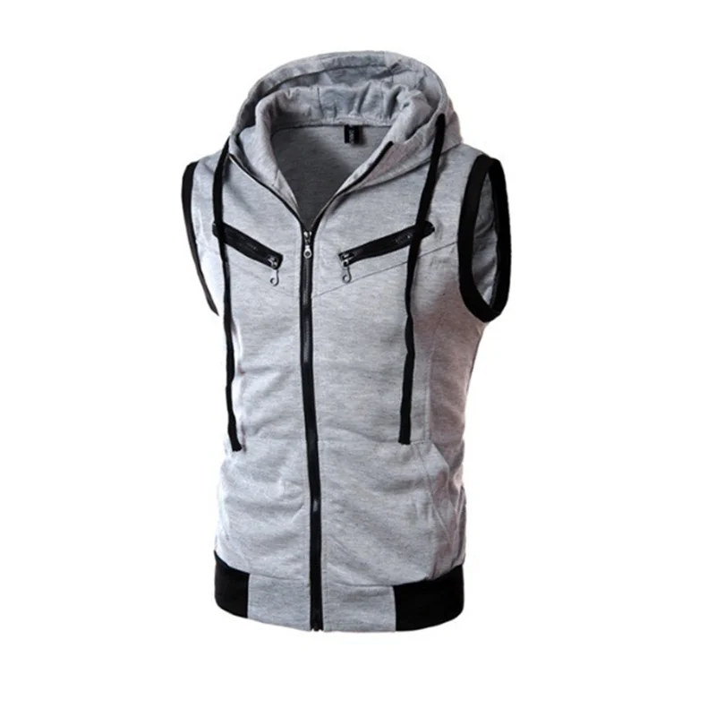 2023 Spring/Summer Men\'s Top Hooded Tank Top Sleeveless Vest Solid Casual Hoodie Pocket Vest Zipper Coat