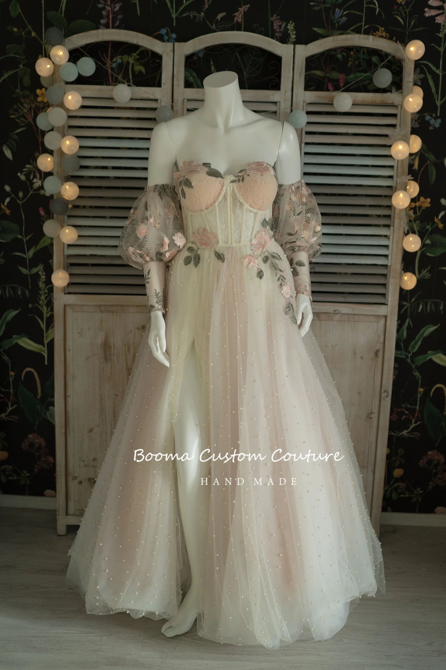 Booma-Vestidos largos de tul con bordado de perlas y escote Corazón, mangas abullonadas desmontables, corte alto, para fiesta de boda