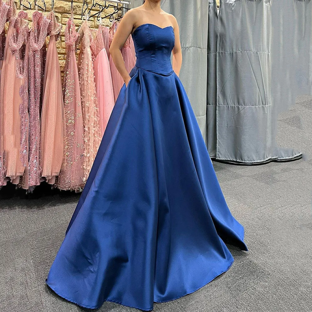 

Msikoods Blue Evening Dresses Sweethearts Satin A Line Formal Dress With Pockets Party Prom Dress Vestidos De Fiesta