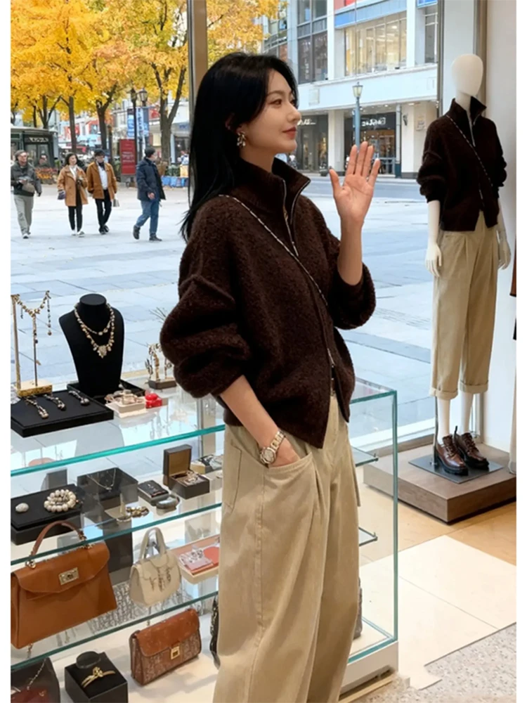 

Laid-ba Sle Hoodie Women's ort Coat Stand Collar Double Zipper Particle Fce Autumn New Design Sensation Outerwear