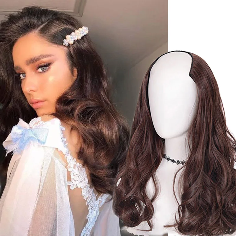 AOSI Synthetic Hair Fake Hair Extensions Clip Hairpiece V-Shaped Half Wig Natural Wavy Extension False Strands On Hairpins Women