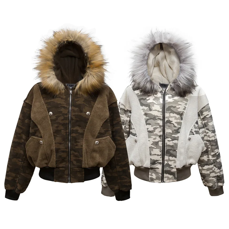 Splicing Camouflage Fur Collar Hooded Jacket Cotton Clothes Men\'s Winter Velvet Loose Short Puffer Jacket