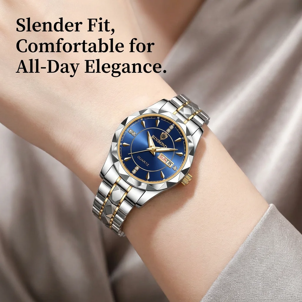 1pcs Women Watch Blue Dial Double Calendar Stainless Steel Band Elegant Casual Daily Wristwatch For Ladies Trendy Timepi