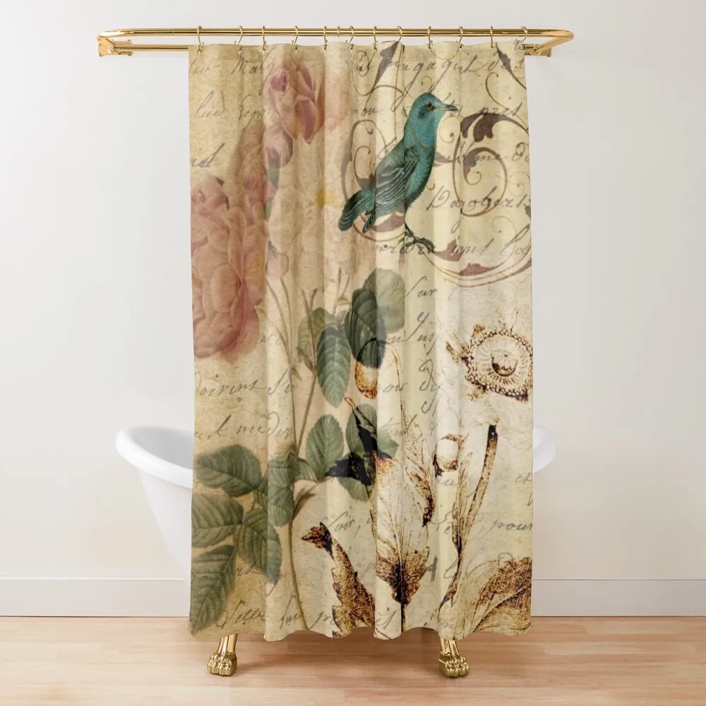 

cottagecore vintage bird roses floral botanical art Shower Curtain Bathroom And Shower For Bathrooms Shower Waterproof Curtain