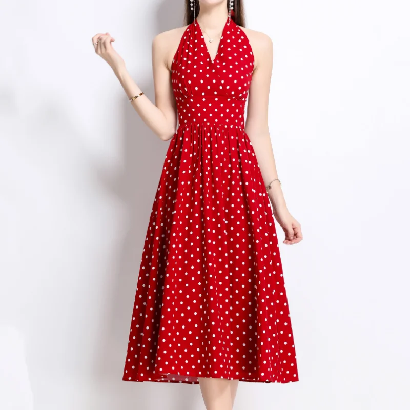 

Spring And Summer New Halter Neck High Waist Dress Polka Dot Sleeveless Fashion Casual Bohemian Holiday Women's Wear