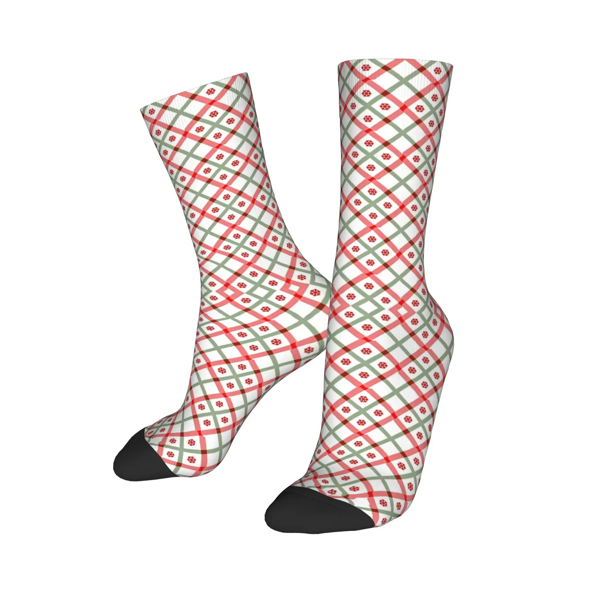 Retro Christmas Plaid Diamond Pattern Football Socks  Polyester Middle Tube Socks for Unisex Non-slip