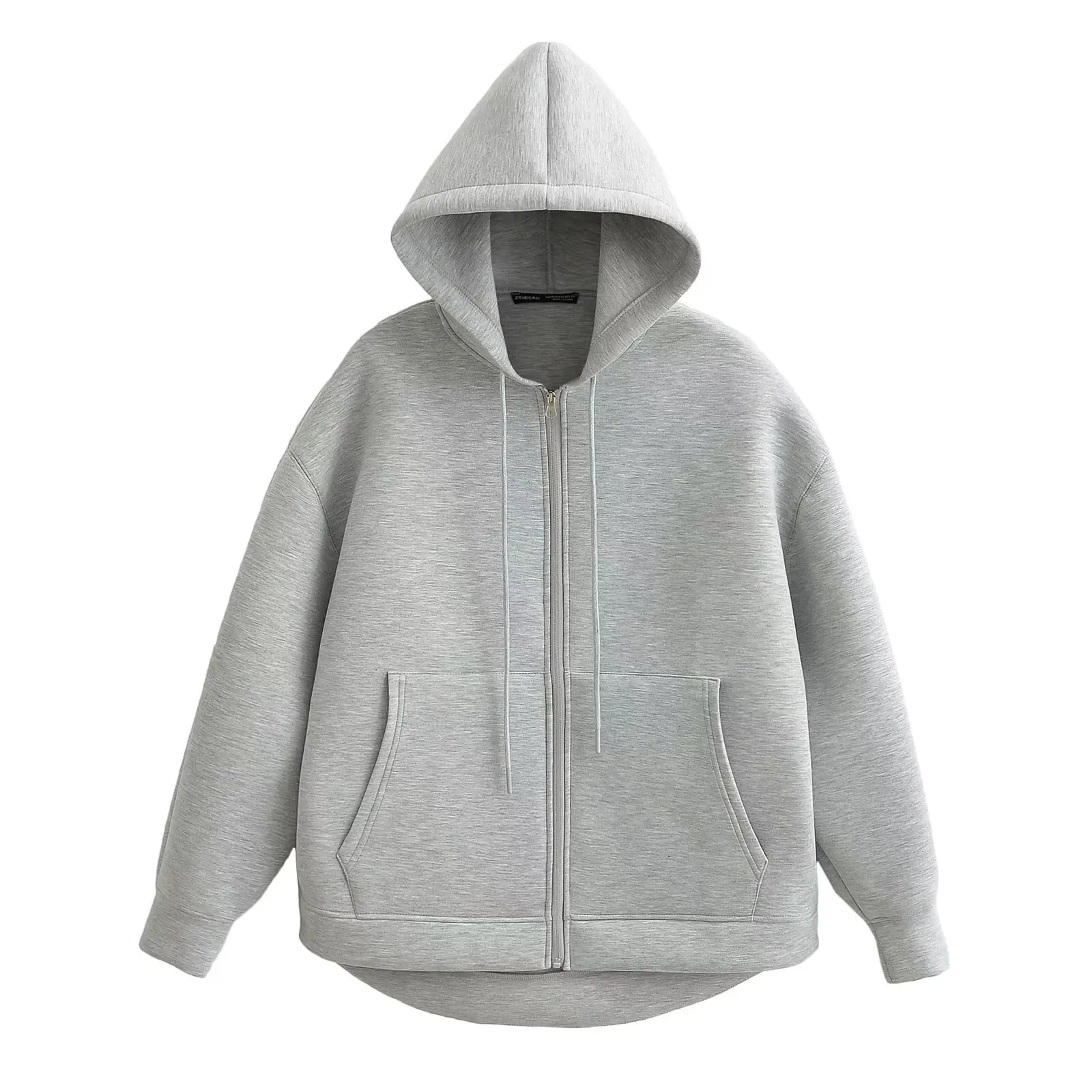 PRINTKAOIR Autumn Women Gray Jacket With Hood Long Sleeve Big Pocket Zipper Jacket Coat Woman Loose Casual Outerwear Coat Tops
