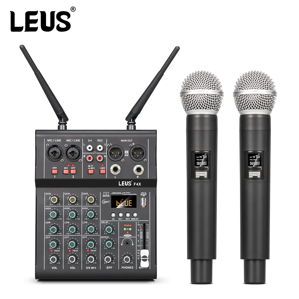 

LEUS F4X Audio 4 Channel Sound Mixer With Dual UHF Wireless Microphone DJ Console Mixing for karaoke Party PC Studio Recording