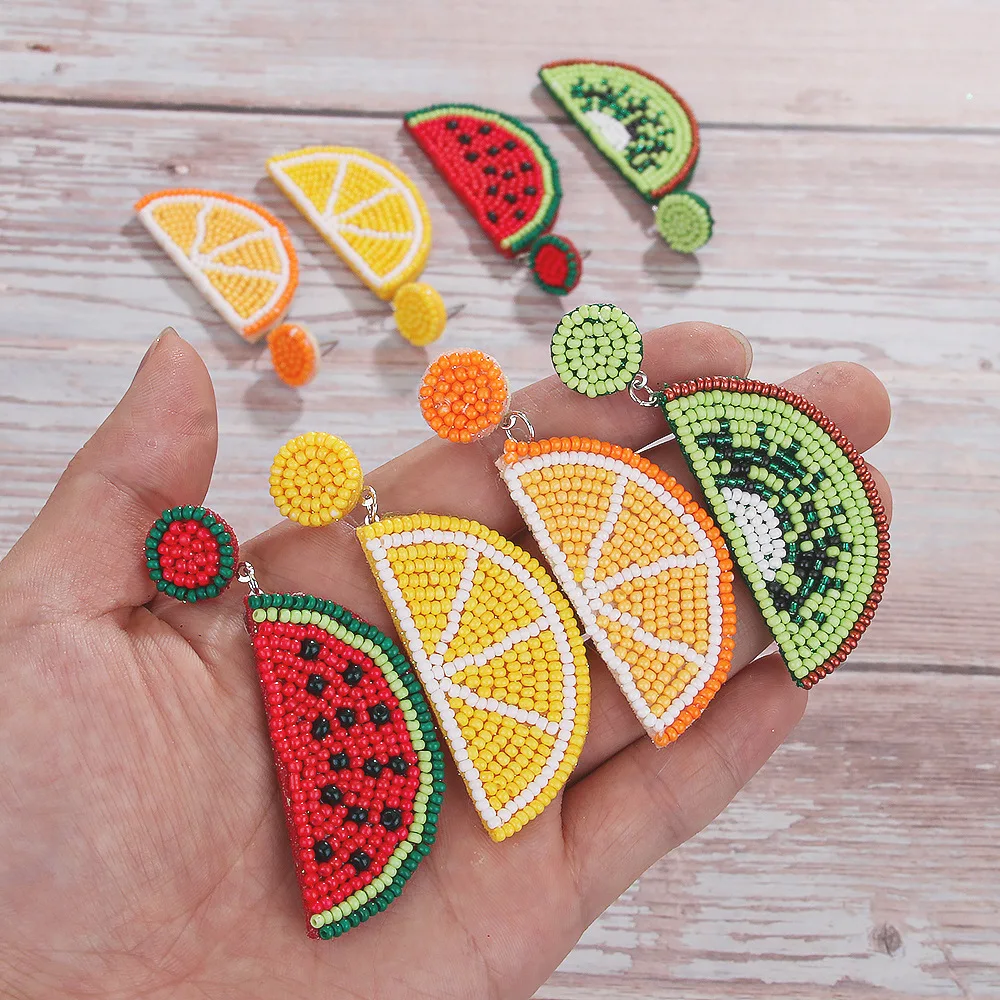 

Cute Sliced Fruits Beaded Earrings For Women Summer Handmade Beads Watermelon Orange Strawberry Lemon Avocado Dangle Earring