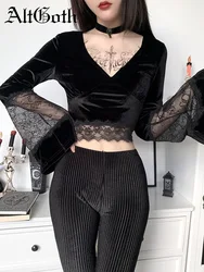 AltGoth Dark Goth Long Sleeve Tshirt Women Sexy Lace Patchwork Flare Sleeve V-neck Short Tee Tops Streetwear Black Bottom Tshirt