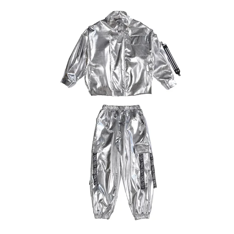 Girls Boys Jazz Dance Costume Children Silver Hip Hop Outfits Casual Jacket Coat Top Pants Kids Streetwear Performance Clothes