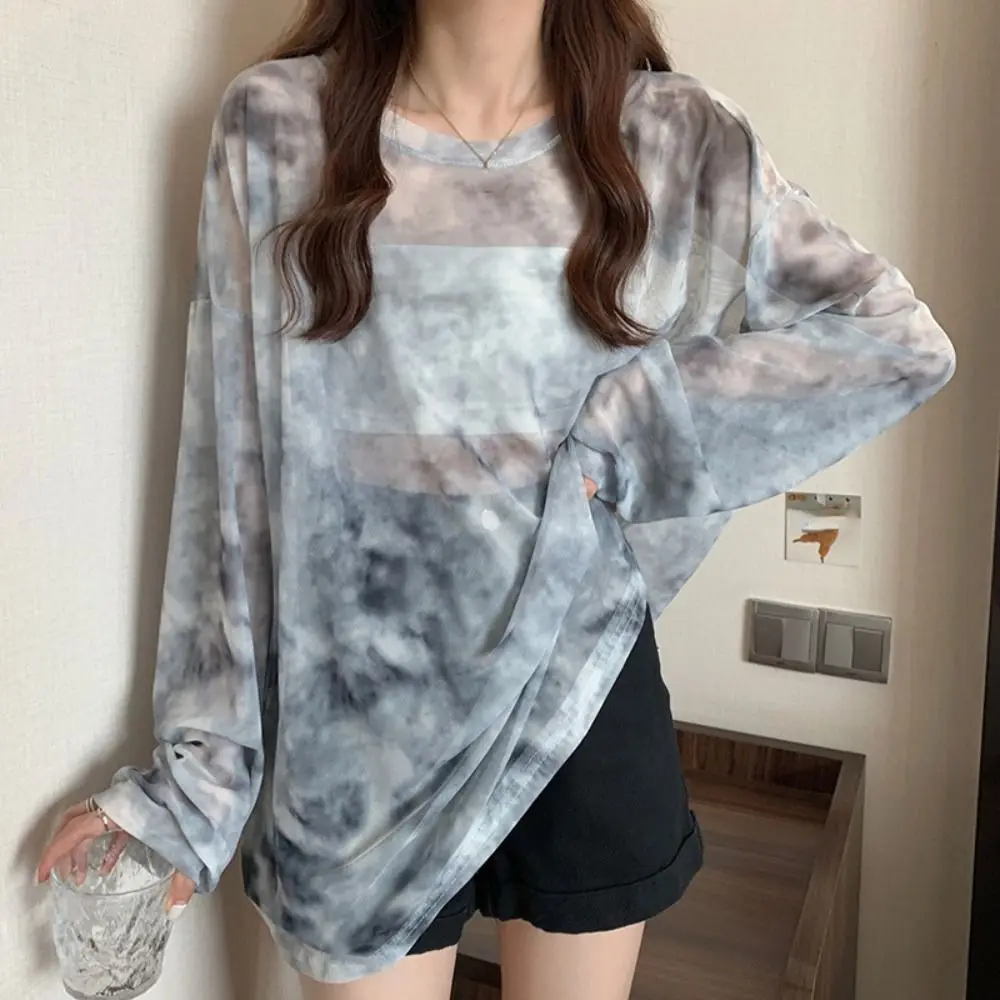 

Stylish Thin Long Sleeve T-shirt See Through Transparent Loose Cover Up Tops Sunscreen Bottoming Shirt T Shirts Women Y2k Female