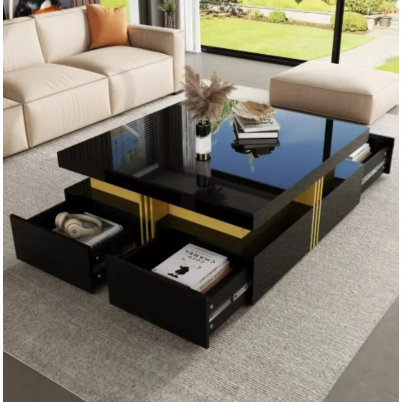 #Modern Square Marble Storage Coffee Table With 4 Drawers Durable Movable Nesting Design